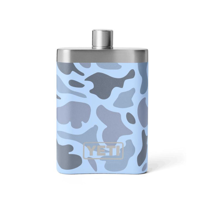 7 oz. stainless steel Yeti flask in a light blue camouflage pattern with a brushed metal cap and base.