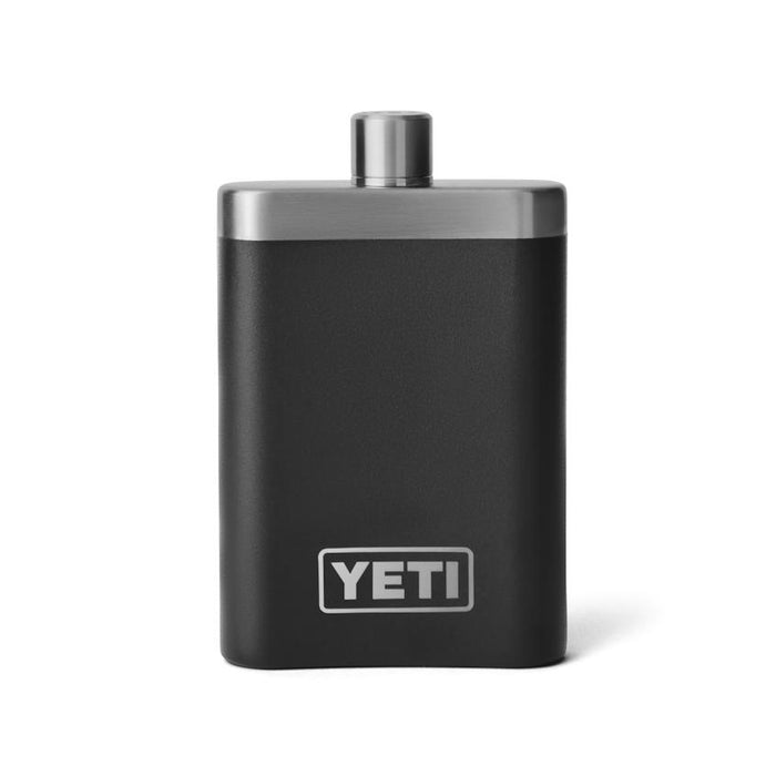 Matte black 7 oz. Yeti stainless steel flask with a silver cap and logo, featuring a durable, leakproof design.