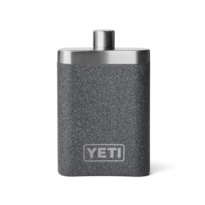 7 oz. charcoal stainless steel Yeti flask with a textured finish and silver cap on a white background.