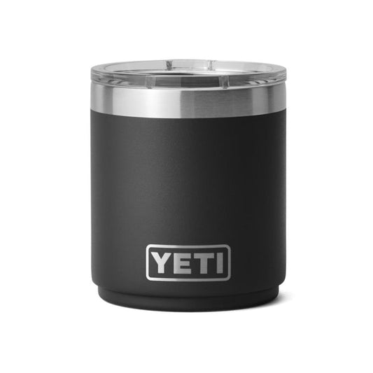 Black YETI Rambler 10 oz Lowball 2.0 with stainless steel rim and clear MagSlider lid on a white background.