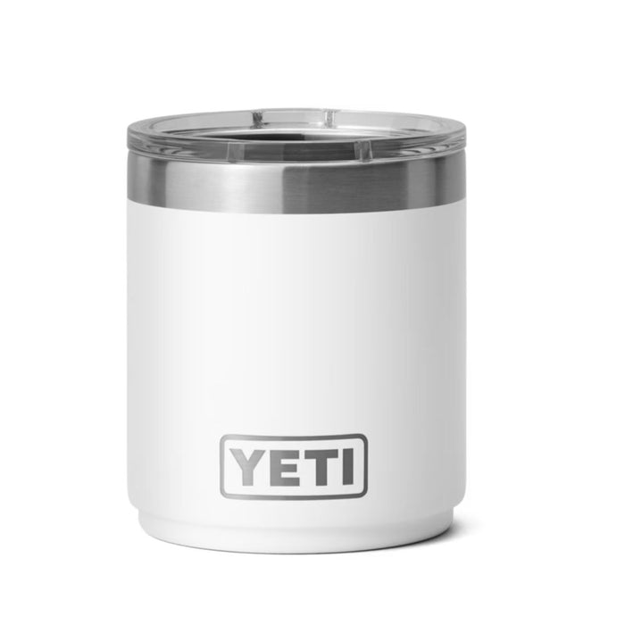 White YETI Rambler 10 oz Lowball 2.0 with a stainless steel rim and clear MagSlider lid on a white background.