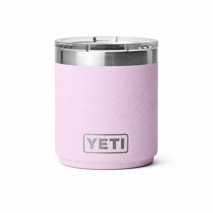 Pink YETI Rambler 10 oz Lowball 2.0 with stainless steel rim and clear MagSlider lid on a white background.