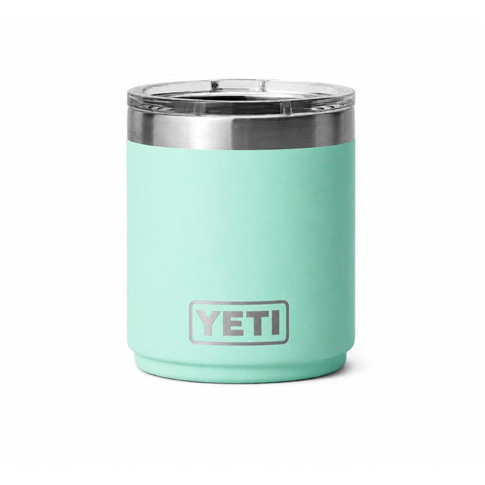 Seafoam green YETI Rambler 10 oz Lowball 2.0 with stainless steel rim and clear MagSlider lid on white background.