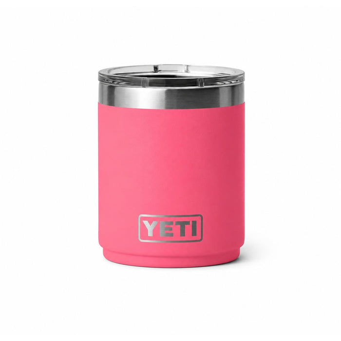 Hot pink YETI Rambler 10 oz Lowball 2.0 with stainless steel rim and MagSlider lid on a white background.