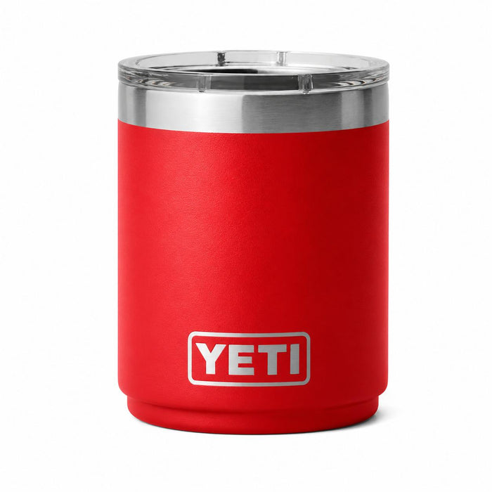 Red YETI Rambler 10 oz Lowball 2.0 with stainless steel rim and clear MagSlider lid on a white background.