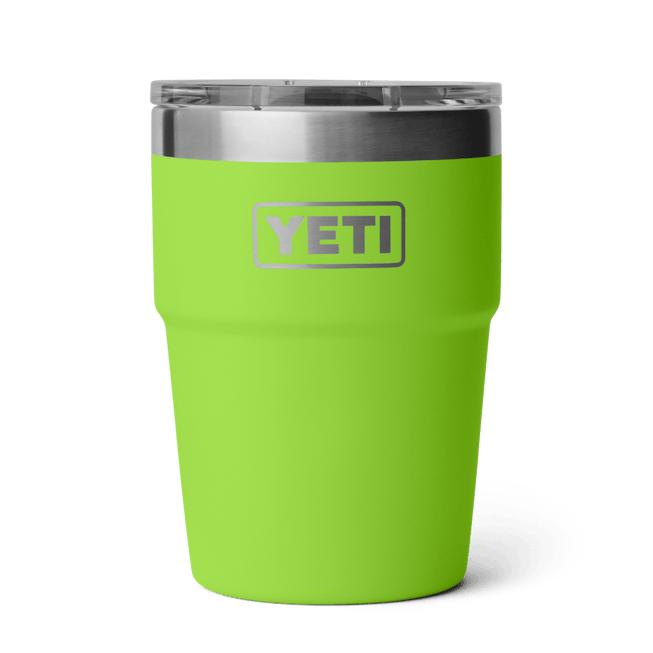 Lime green 16 oz YETI Rambler stackable cup with stainless steel rim and clear MagSlider lid.