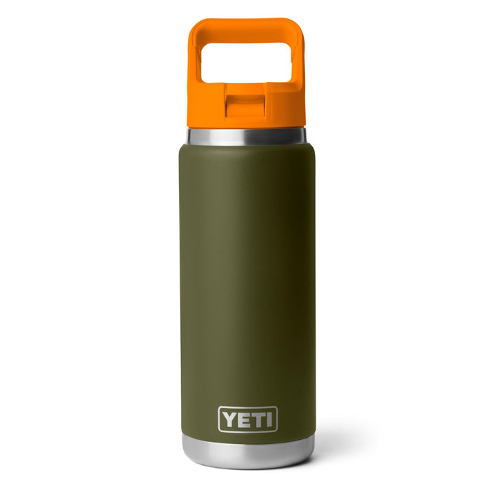 Olive green YETI Rambler 26 oz water bottle with a bright orange straw cap and integrated TripleHaul handle.