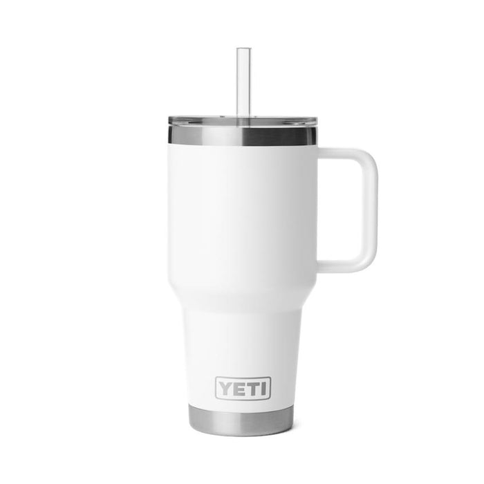 White YETI Rambler 35 oz insulated mug with a handle, straw lid, and stainless steel base on a white background.