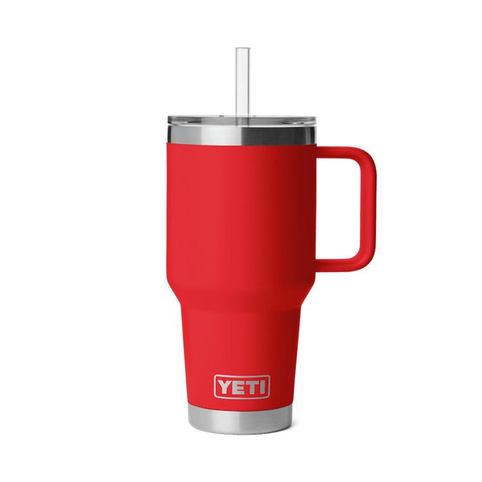 Red YETI Rambler 35 oz mug with a sturdy handle, straw lid, and stainless steel base on a white background.