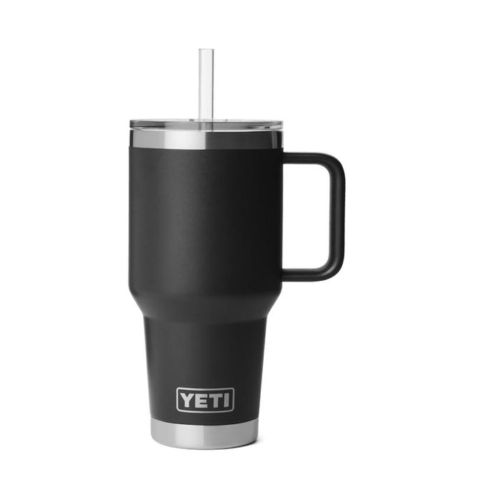 Matte black YETI Rambler 35 oz mug with a sturdy handle, clear straw lid, and stainless steel base on a white background.