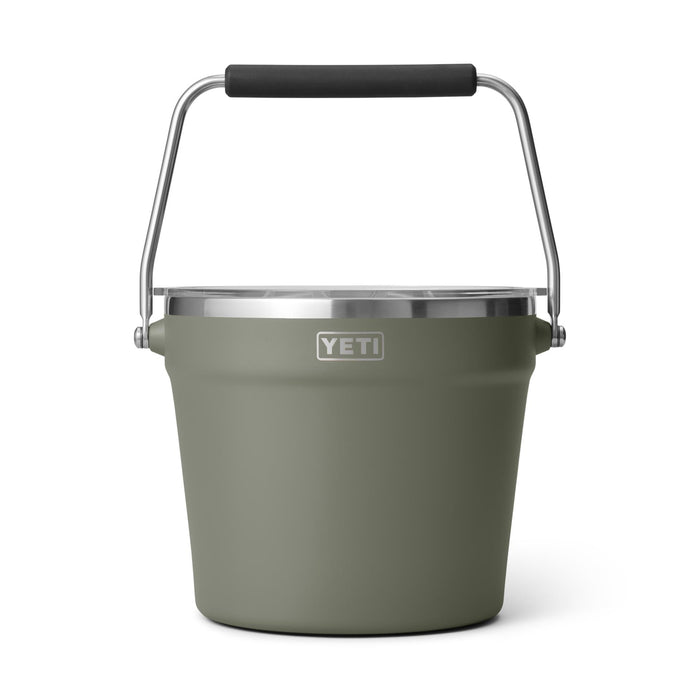 Olive green YETI Rambler beverage bucket with a stainless steel rim, clear lid, and a sturdy rotating carry handle.