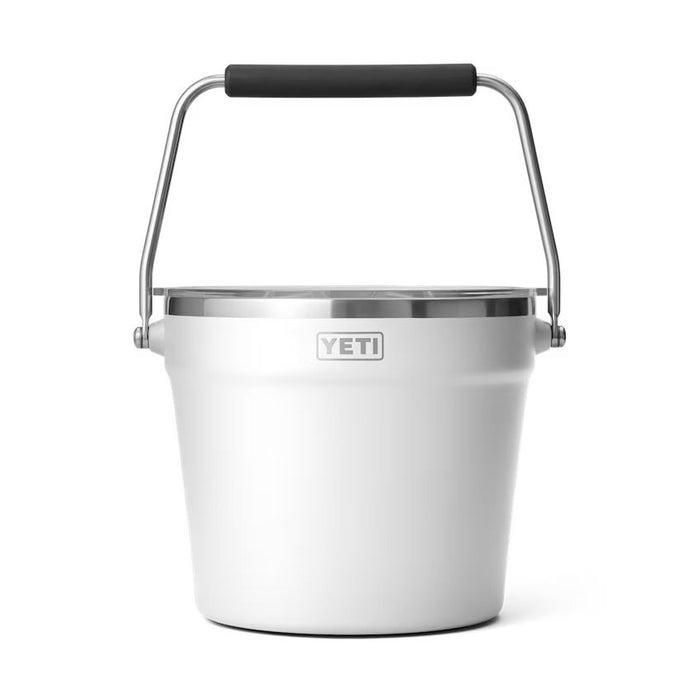 White YETI Rambler beverage bucket with a stainless steel rim and a sturdy rotating handle with a black grip.