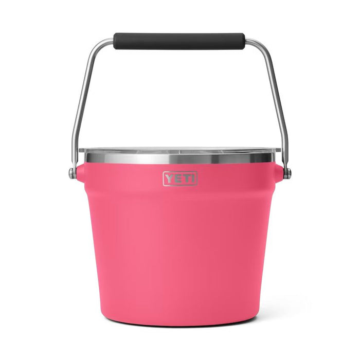 Hot pink YETI Rambler beverage bucket with a stainless steel rim, clear lid, and a sturdy rotating carry handle.
