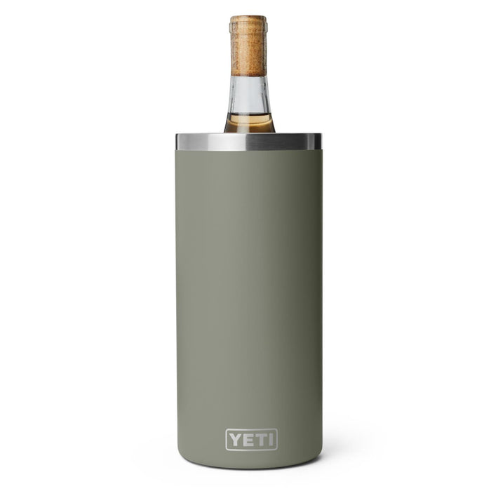 Olive green YETI Rambler wine chiller holding a 750ml wine bottle with a stainless steel rim on a white background.