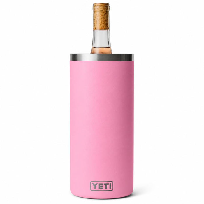 Pink YETI Rambler wine chiller with a stainless steel rim holding a 750ml wine bottle against a white background.