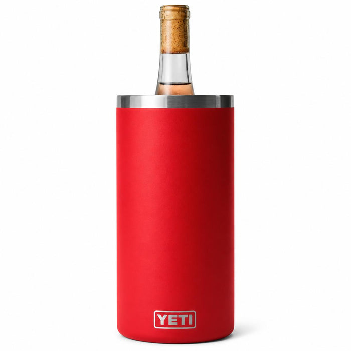 Red YETI Rambler wine chiller featuring durable stainless steel construction holding a 750ml bottle of wine.