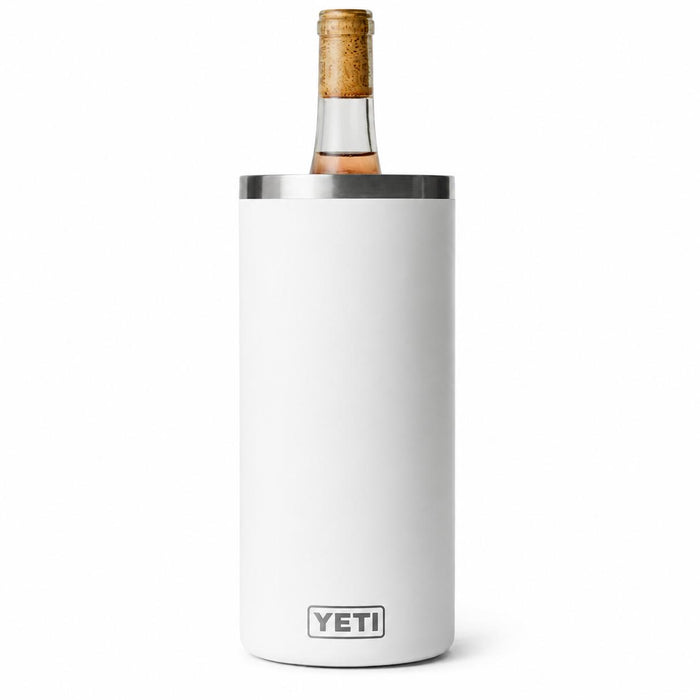 White YETI Rambler wine chiller with a stainless steel rim holding a 750ml bottle against a white background.