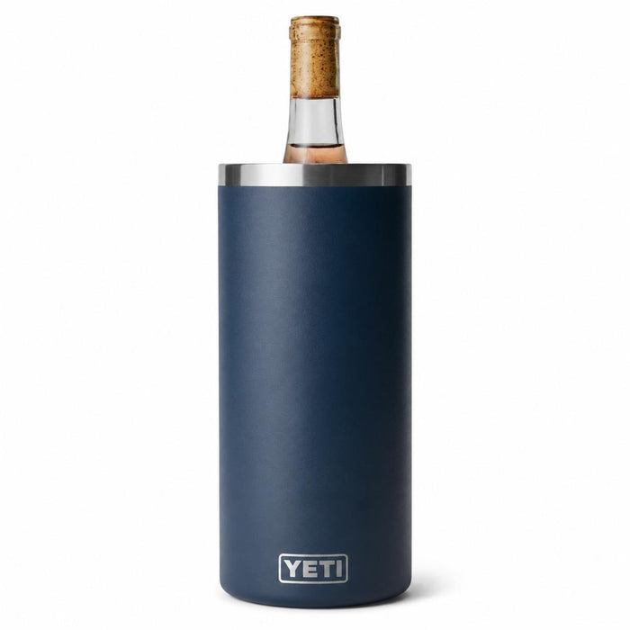 Navy blue YETI Rambler wine chiller with a stainless steel rim holding a 750ml wine bottle against a white background.