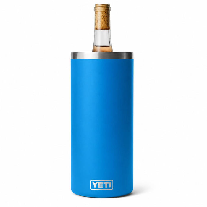 Bright blue YETI Rambler wine chiller holding a 750ml bottle against a white background.