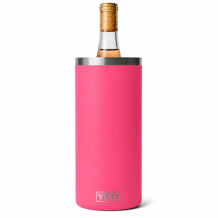 Bright pink YETI Rambler wine chiller holding a 750ml bottle with a durable, insulated stainless steel design.