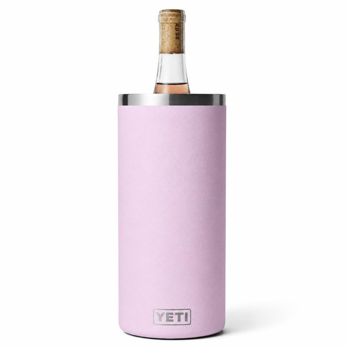 Light pink YETI Rambler wine chiller holding a 750ml bottle with a durable stainless steel rim and base.