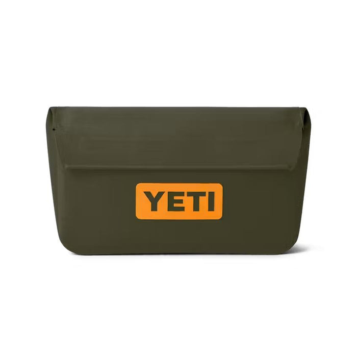 Olive green YETI Sidekick Dry 1L waterproof gear case with a secure magnetic seal and orange logo patch.