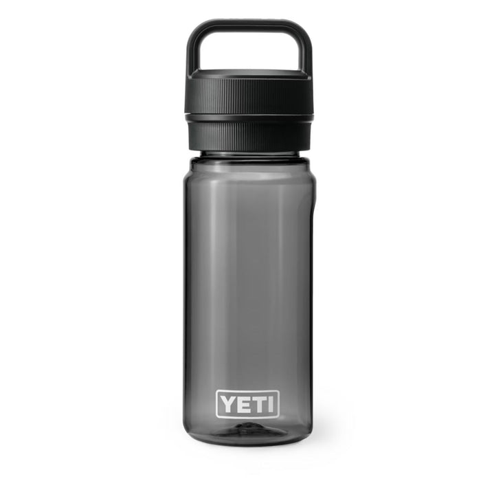 Charcoal grey 20 oz YETI Yonder water bottle made of lightweight recycled plastic with a black leakproof chug cap.