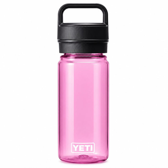 Translucent pink YETI Yonder 20 oz water bottle made from recycled plastic with a black leakproof chug cap.