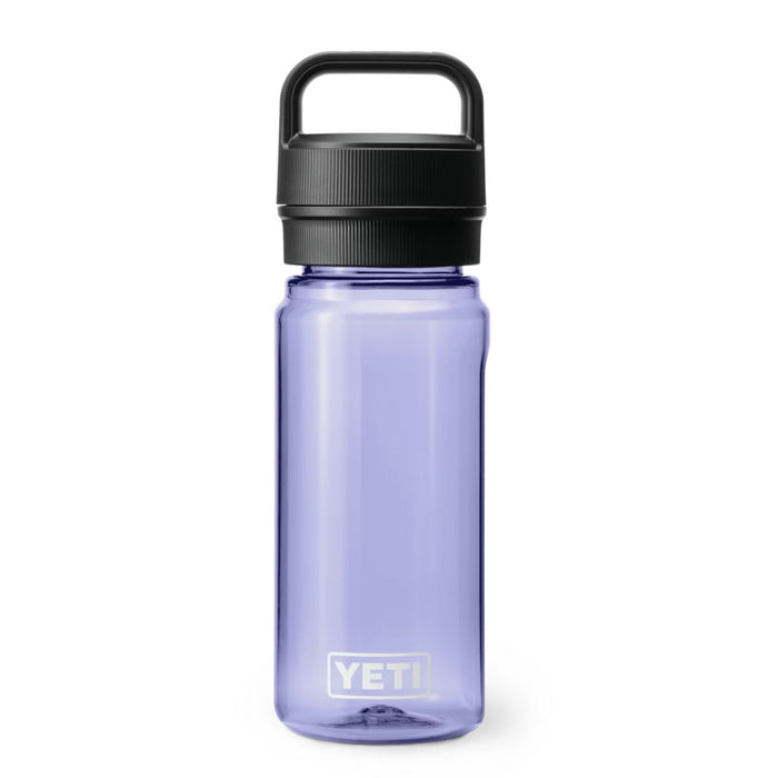 Translucent purple YETI Yonder 20 oz water bottle with a black leakproof chug cap and integrated carry handle.