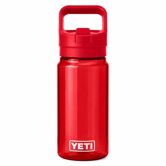 Red YETI Yonder 20 oz water bottle made of lightweight, translucent plastic with a leakproof chug cap and carry handle.
