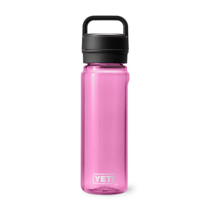 Pink 25 oz YETI Yonder water bottle made of lightweight recycled plastic with a black leakproof Chug Cap.