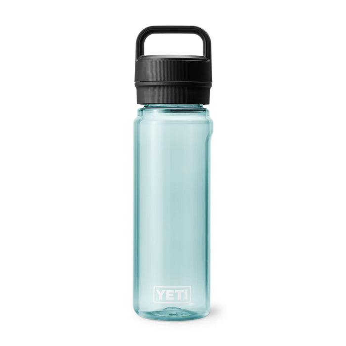 Light blue translucent YETI Yonder 25 oz water bottle with a black leakproof Chug Cap on a white background.