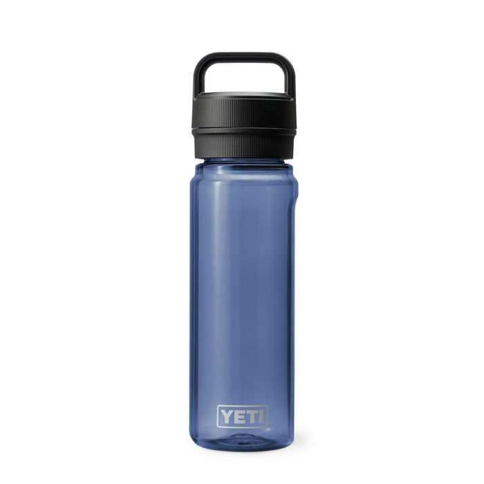 Translucent navy blue YETI Yonder 25 oz water bottle with a black leakproof Chug Cap on a white background.