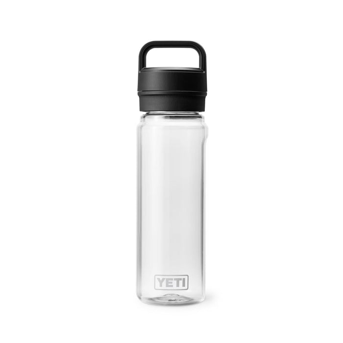 Clear 25 oz YETI Yonder water bottle made from recycled plastic with a black leakproof Chug Cap and carry handle.