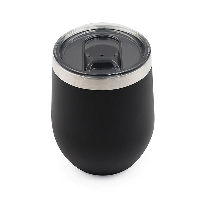 Matte black 10oz stainless steel wine tumbler with a clear UV tint slider lid and sweat-resistant DuraGrip finish.