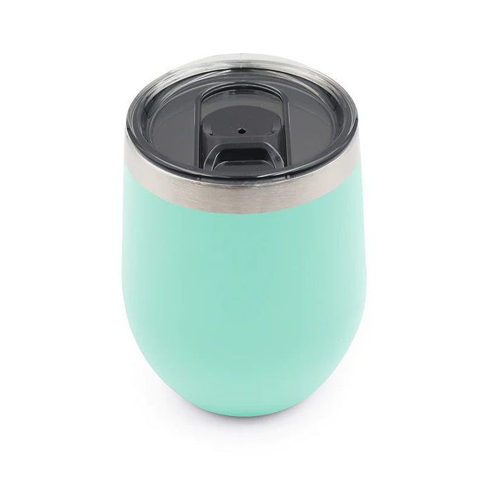 Mint green 10oz stainless steel wine tumbler with double-wall insulation and a clear UV tint slider lid.