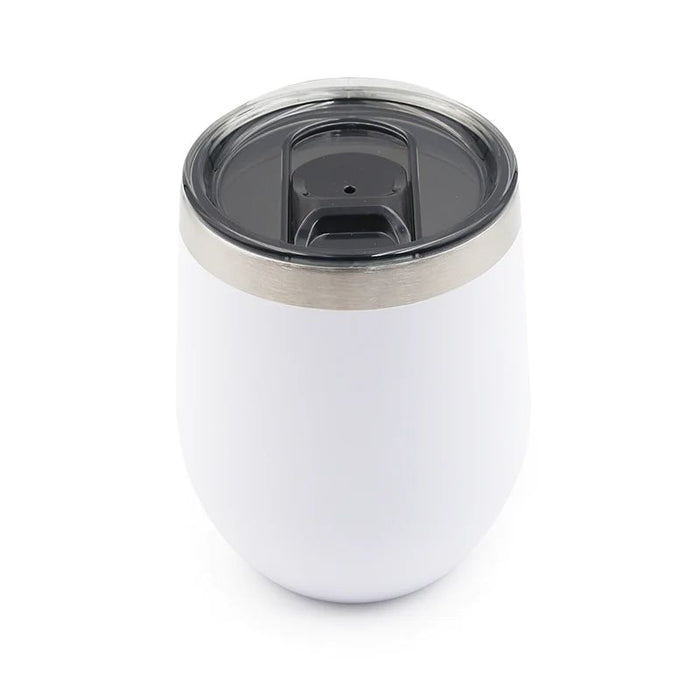 White 10oz Yukon Freedom stainless steel wine tumbler with a black UV tint slider lid and powder coat finish.