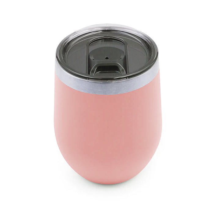 10oz coral stainless steel wine tumbler with double wall insulation and a clear UV tint slider lid.