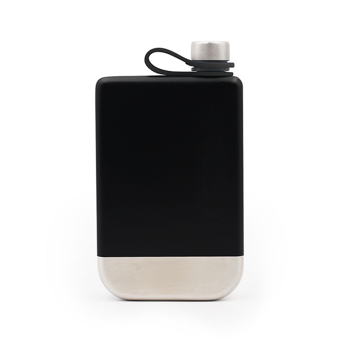 9 oz stainless steel whiskey flask with a matte black DuraGrip coating and a secure, attached cap.