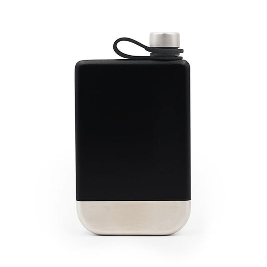 9 oz stainless steel whiskey flask with a matte black DuraGrip coating and a secure, attached cap.