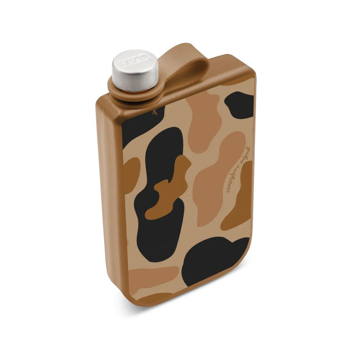 9 oz stainless steel whiskey flask with a brown camo DuraGrip finish and a secure attached cap.