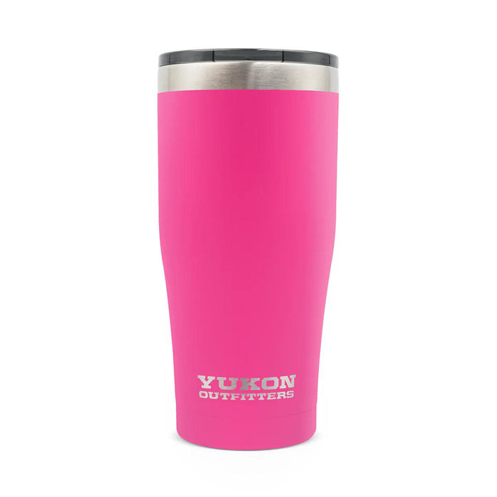 Hot pink 20 oz Yukon Outfitters stainless steel tumbler with a textured DuraGrip finish and black slider lid.